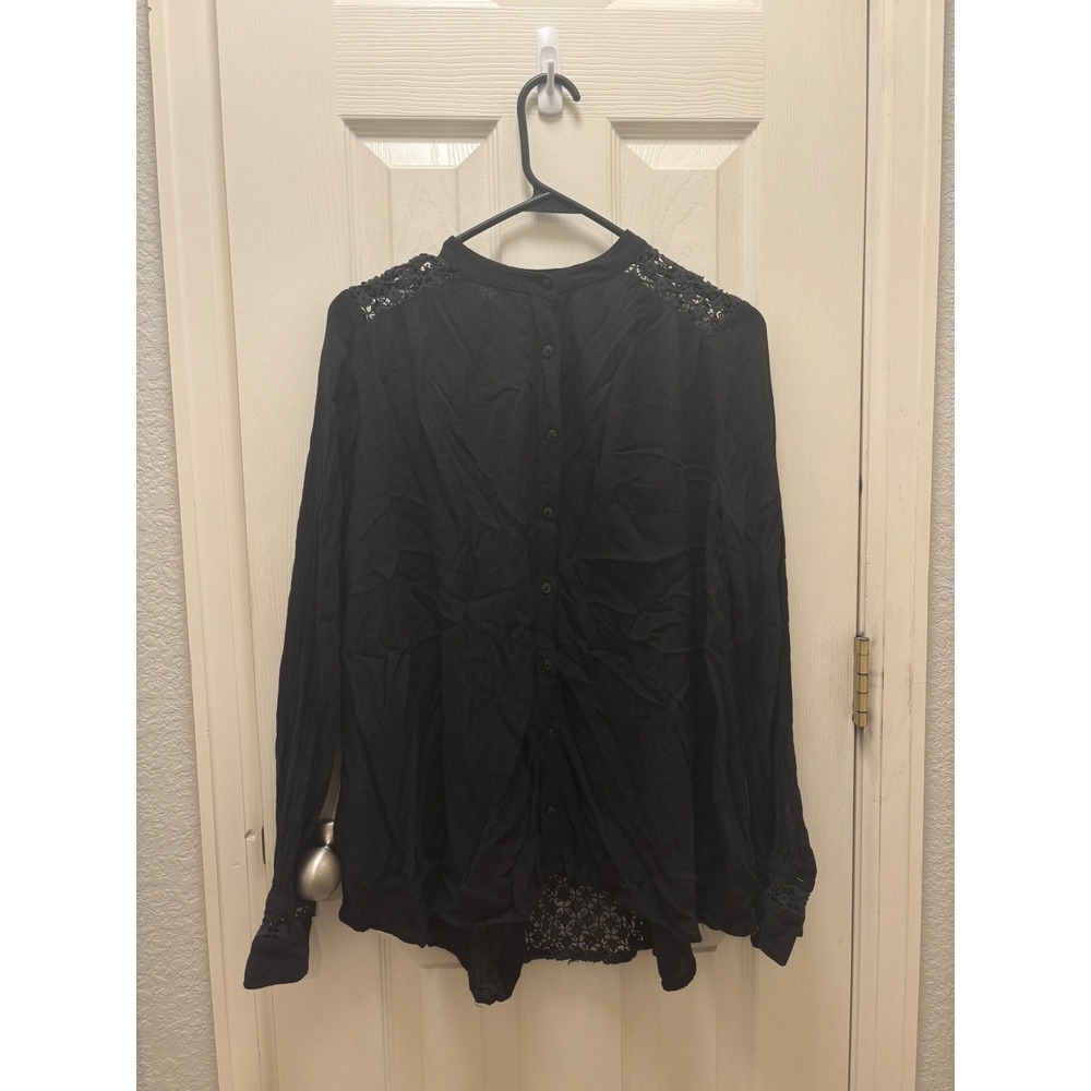 Free People Black Crochet Lace Back Button Down Blouse Boho Gauze Top XS